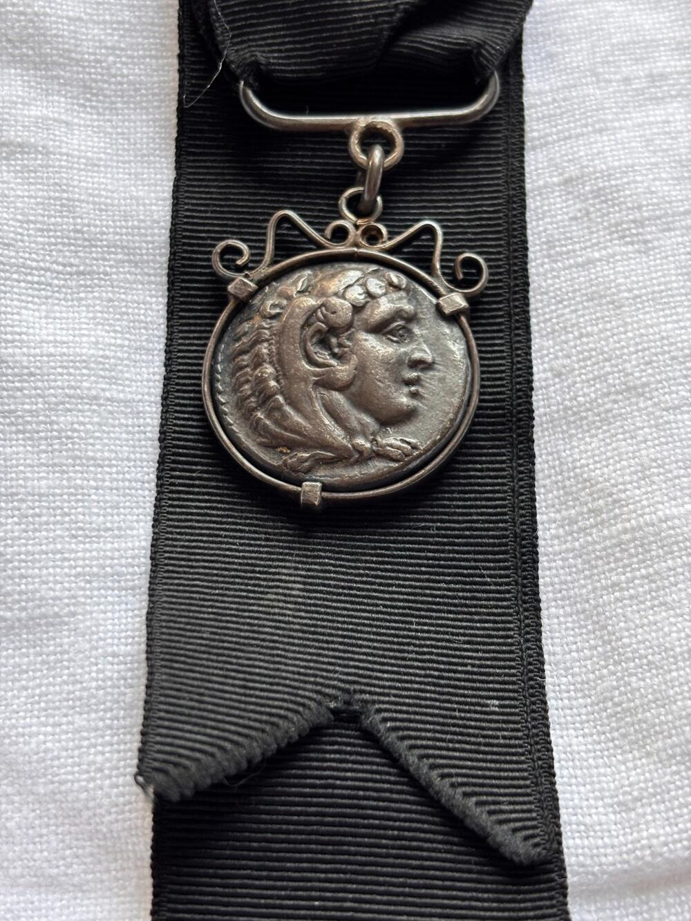 Alexander The Great Coin Fob Ancient Greek Silver Medallion Watch Chain Ribbon